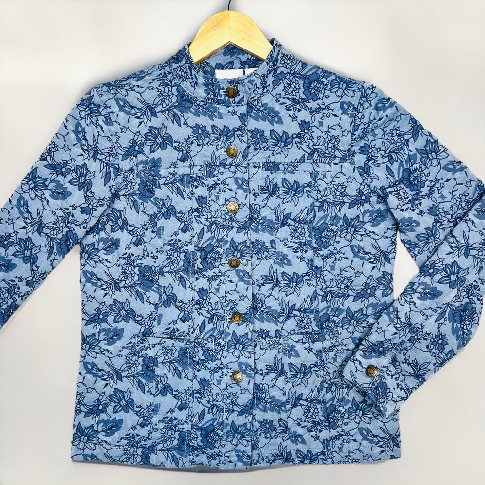 Kim Rogers Blue Floral Quilted Jacquard Button-Front Jacket Sz PM Cotton Blend - Picture 3 of 14